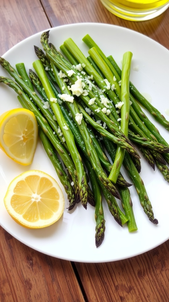 Crispy roasted asparagus garnished with Parmesan cheese and lemon on a rustic table.